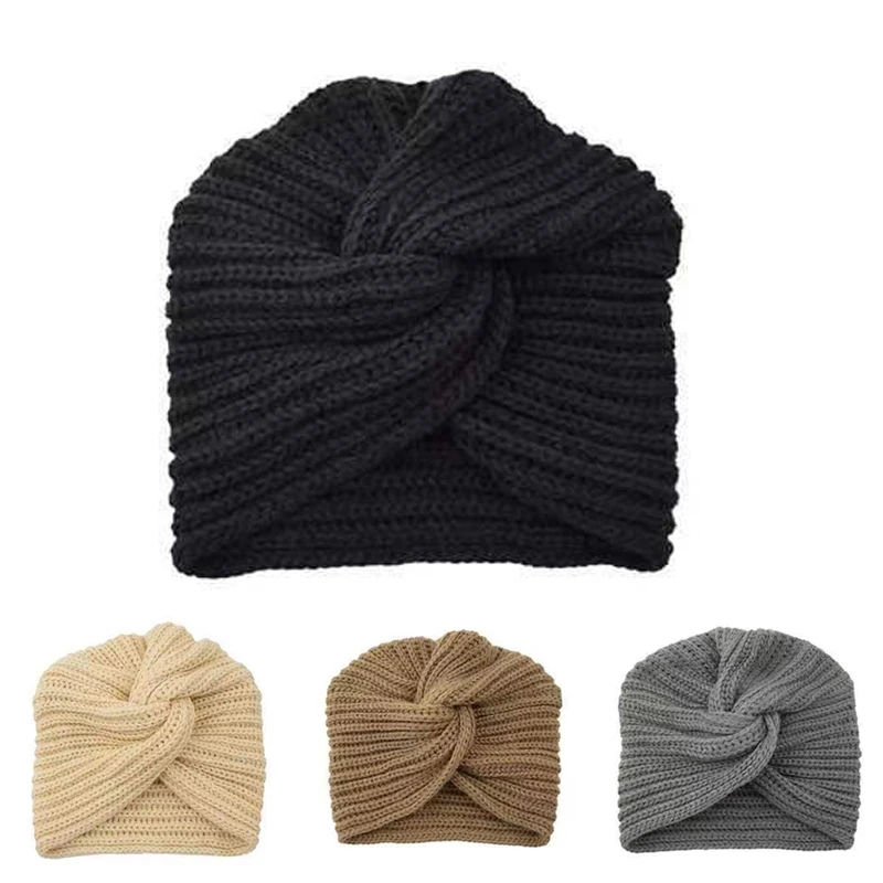 

Women New Bandanas Turban Winter Knit Cap Cross-Knot Knitted Headwear Casual Warm Boho Elastic Unisex Headband Muslim Hat