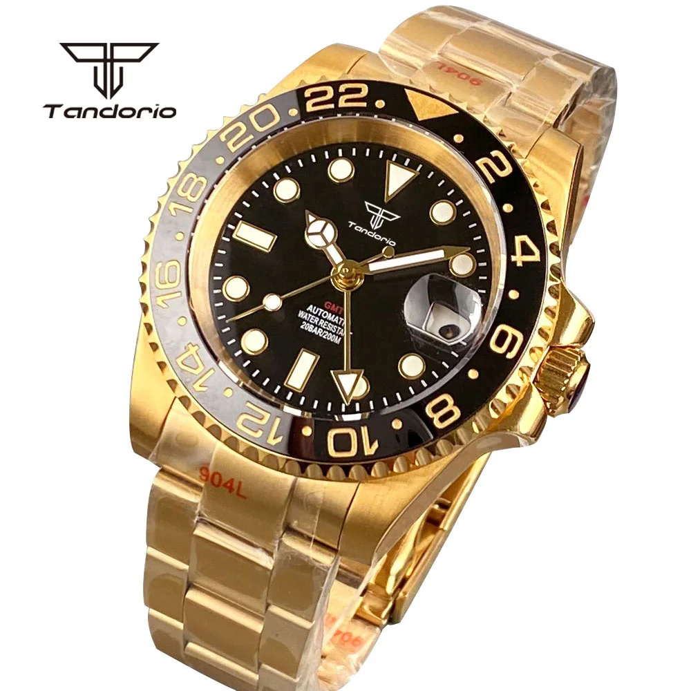 

Tandorio GMT Automatic NH34 Gold Coating Dive Watch for Men 24H Bezel Sapphire Date 316L Stainless Steel Wristwatch Glide Clasp