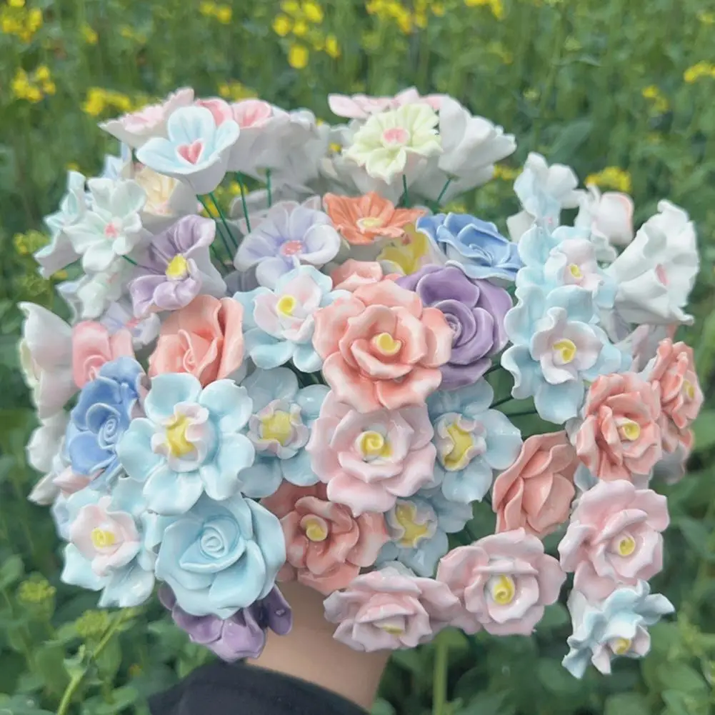 Handcrafted Ceramic Flower Handmade Ceramic Flower Realistic Artificial Flower with Wire Stem Home Vase Fake Blossom Decor