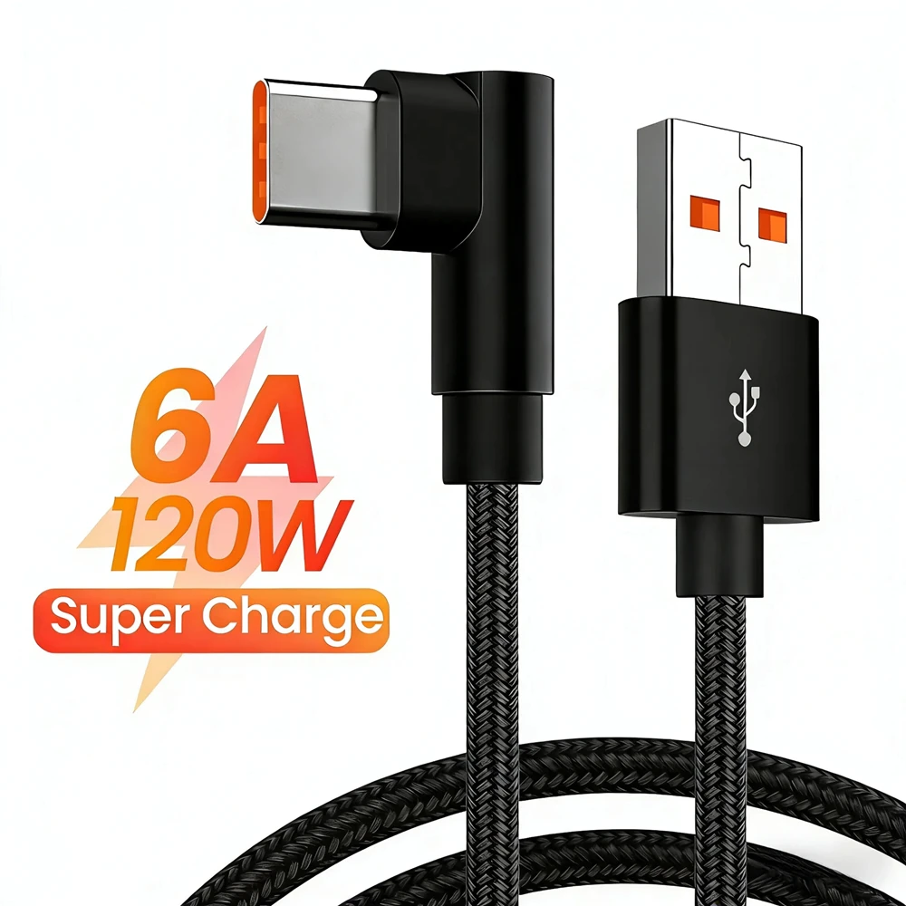 90° Elbow Type C USB 120W Fast Charging Cable For iPhone 15 16 17 Pro Xiaomi Redmi Huawei Honor Nylon Braided Quick Charge Cable