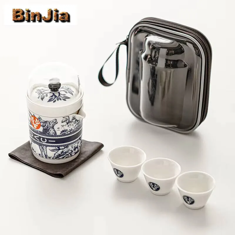 

High-End Deer Elk Portable Travel Tea Set Kit Ancient 1 Pot 3 Cups Outdoor Maker Camping Organizer Bag Designer Gift