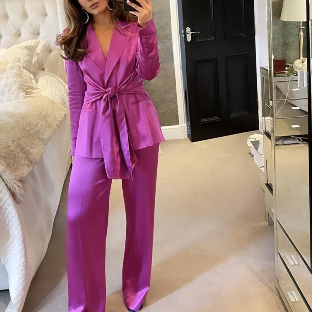 

Изысканный женский костюм, куртка, брюки, роскошный атласный пиковый лацкан, прямой комплект из двух предметов, повседневный домашний новый комплект, повседневная одежда