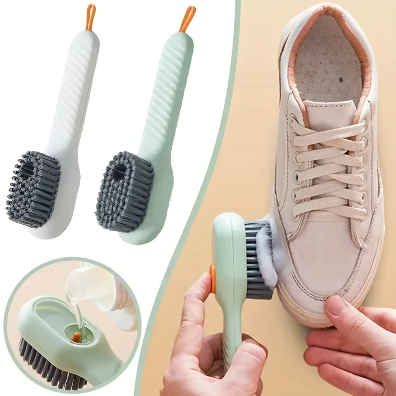 Soft Bristle Cleaning Brush With Soap Dispenser - Long Handle For Shoes, Clothes &  Use Scrub brush White shoes cleaner