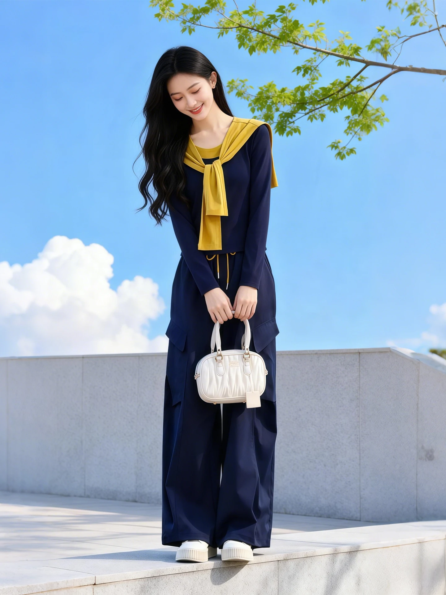 

Весна 2026: Новый модный женский комплект с шалью и широкими брюками, костюм-двойка для ранней весны, трендовый наряд для офиса и повседневной носки