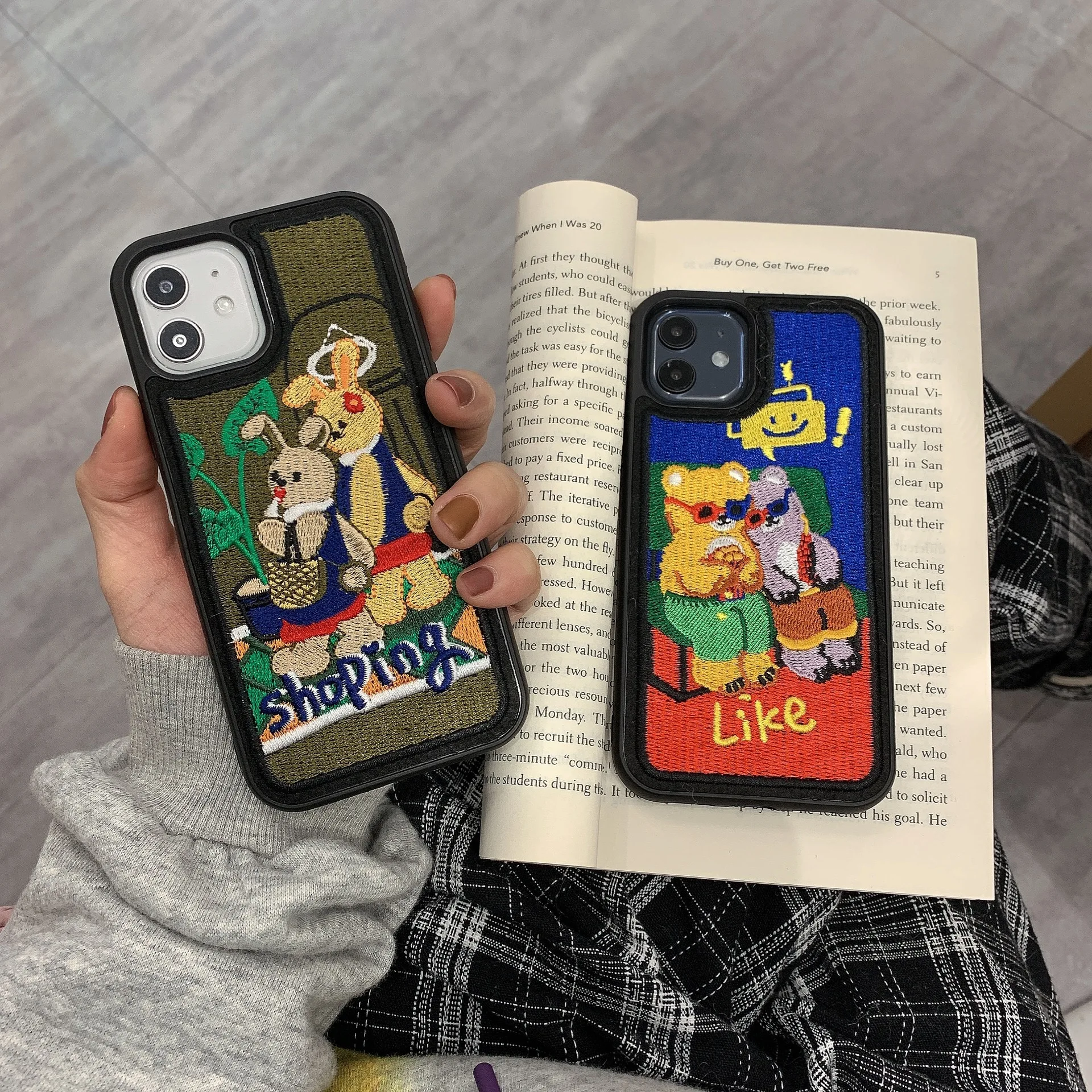 

Cute 3d Plush Embroidery Rabbit Couple Phone Cover Case For Iphone 14 13 12 11 Pro Xs Max Xr X Se 2 Anti-fall Hard Coque Fundas