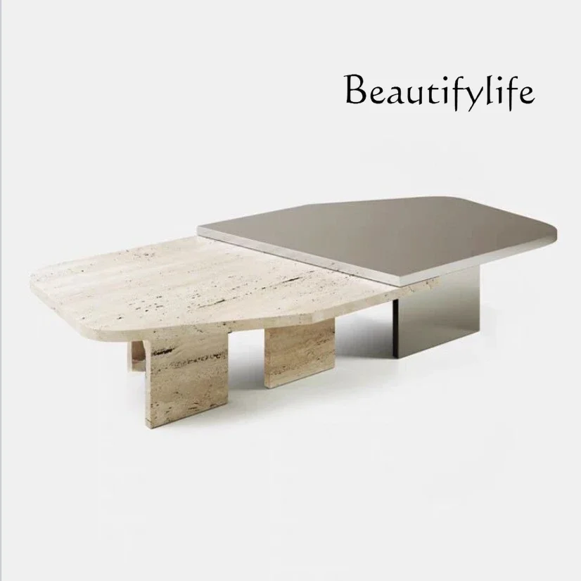 

C40 Средневековый журнальный столик Комбинированный промышленный ваби-ветер Натуральный травертин Журнальный столик из нержавеющей стали Итальянский минималистский
