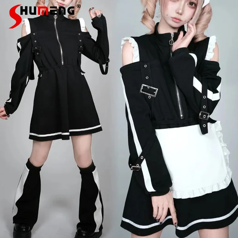 

Sports Wear Maid Original Dress Leg Cover Japanese Punk Subculture 2D Functional Style Twin Zipper Sweatshirt Dress For Ladies