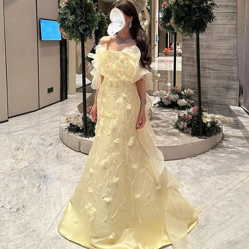 

Yellow Mermaid Off the Shoulder Short Sleeves Evening Dress Delicate Celebrity Gowns Customized Satin and Organza Prom Dress