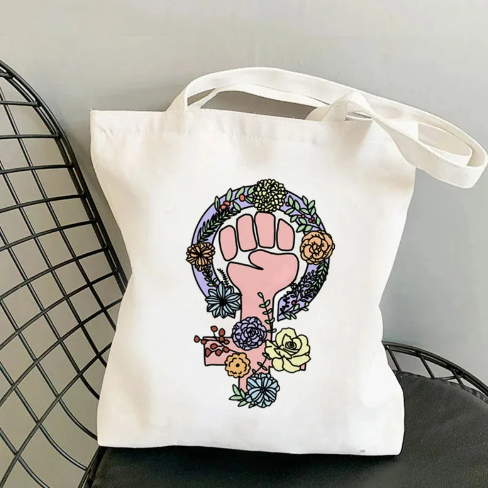 

Canvas Tote Bag Floral Feminist Symbol Print Eco-Friendly Reusable Shoulder Bag for Women Students School & Everyday Carry