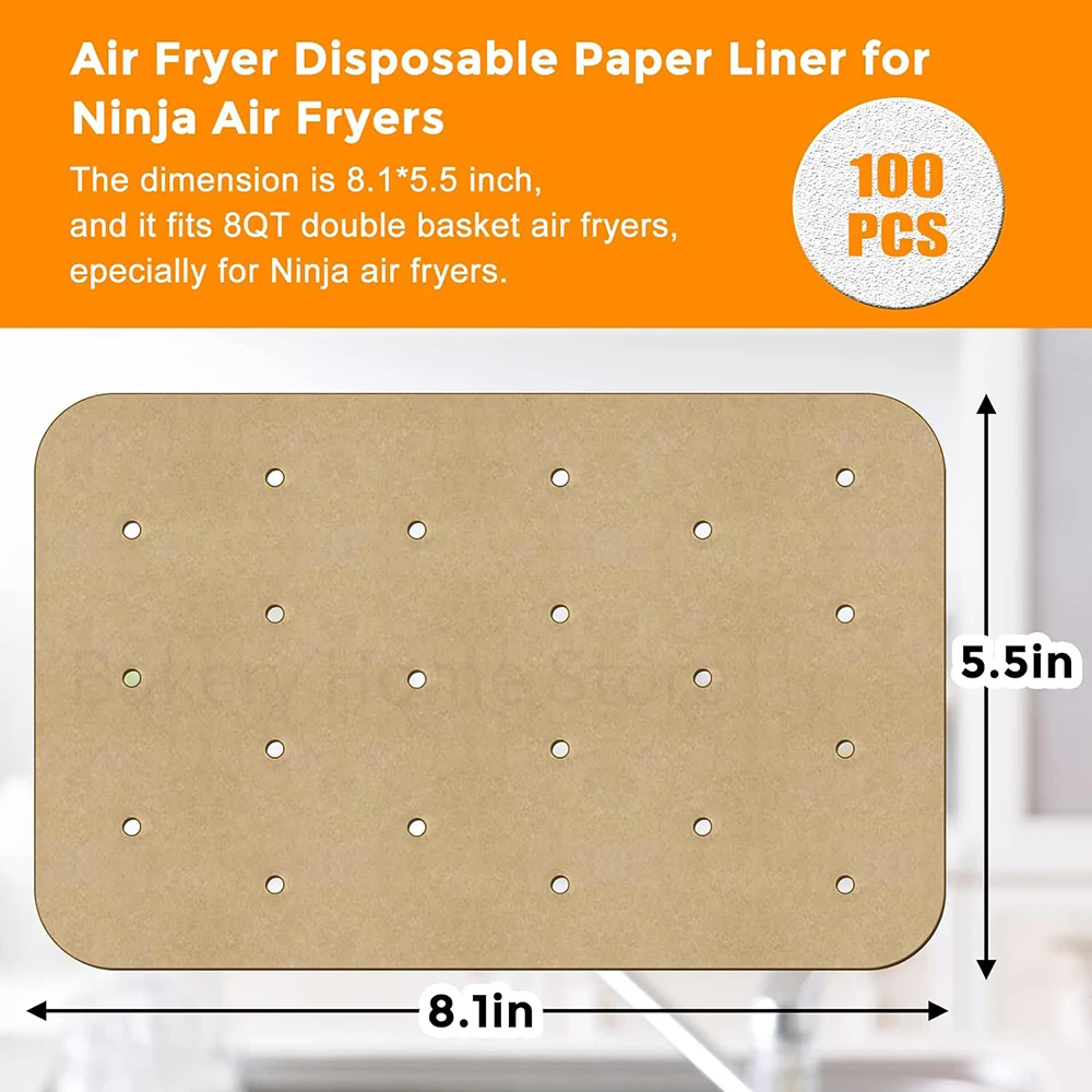 100Pcs Air Fryer Baking Paper Non-Stick Perforated Disposable Liner Mat Rectangular Parchment Paper for Ninja Foodi Dual Basket