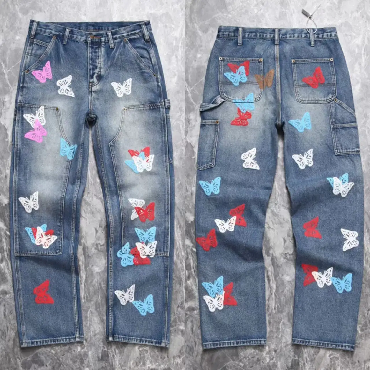 25SS New Foam Print Color Butterfly Jeans American High Street Stretch Straight Leg Jeans Unisex