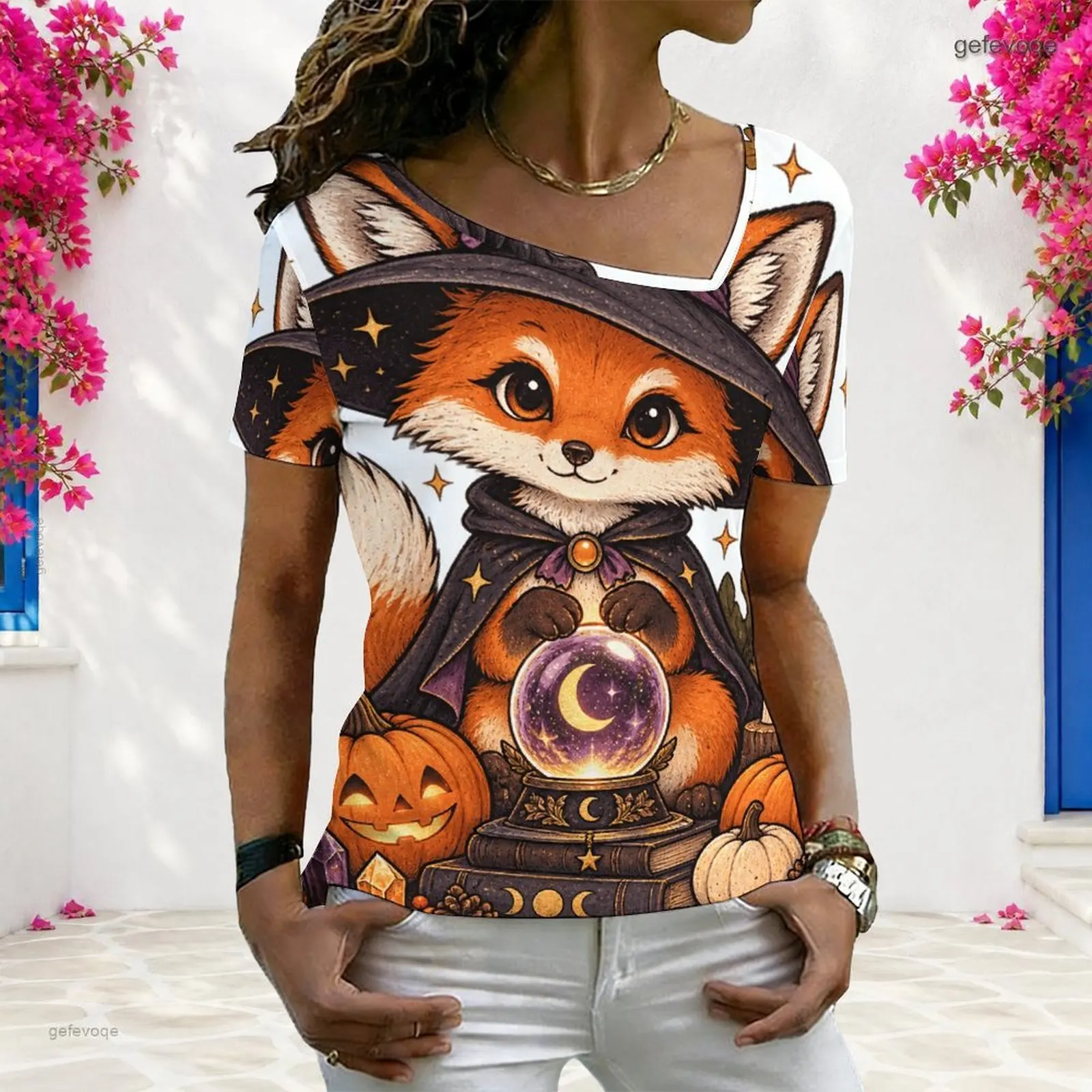 Women Sparkly Butterfly Print Square Asymmetric Neck Short Sleeve Casual Summer Tops