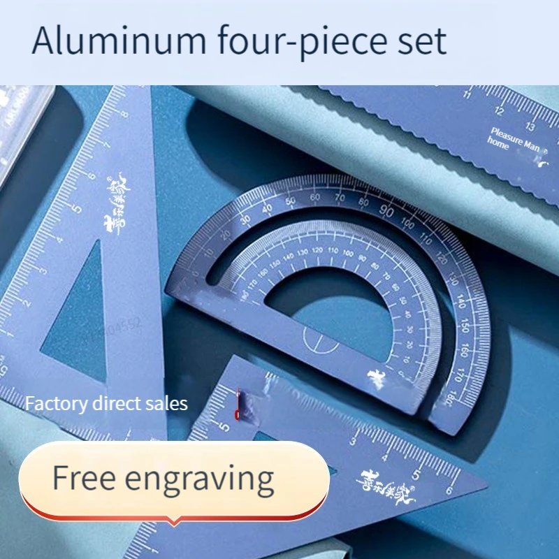 Regla de aleación de aluminio 4 en 1, juego de papelería, combinación multifuncional, transportador triangular para dibujo