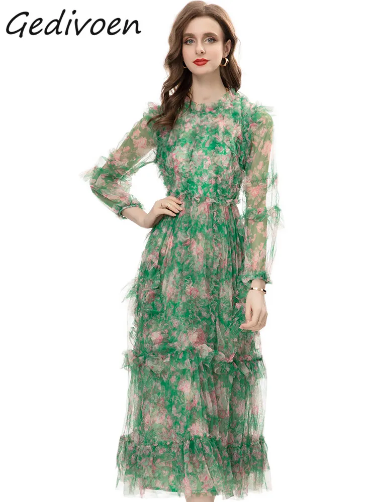 

Gedivoen Autumn Fashion Designer Vintage Floral Print Dress Women's O Neck Mesh Ruffles High Waist Slim Holiday Party Long Dress