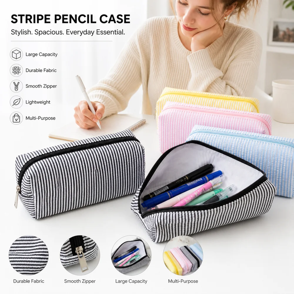 New Stripe Pattern Pen Pouch Multi-Purpose Zipper Closure Pen Bag Durable Large Capacity Makeup Pouch Home Storage