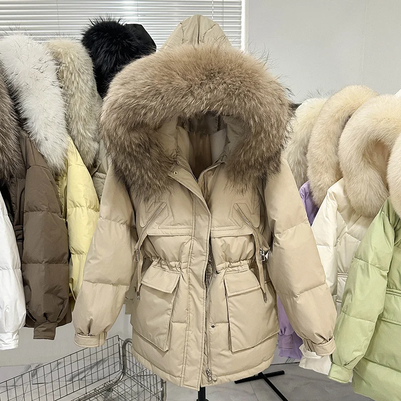 Short Puffer Jacket Women 90% Duck Down Coat Huge Real Raccoon Fur Hooded Winter Thicken Female  Feather Parkas 2023