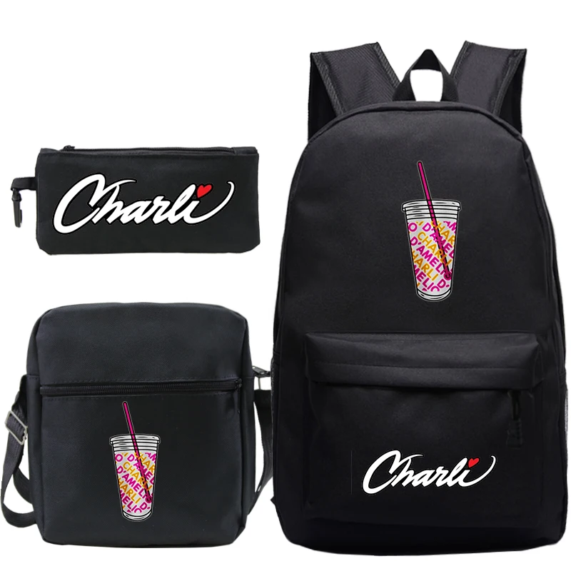 High Quality Charli Damelio Backpack Female Canvas Knapsack Gift 3 Pieces/set Boys School Bag Pencil Case Girls Crossbody Bags