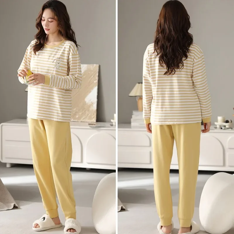 2024 New 100% Cotton Pajama Chest Pad Women Long-sleeved Round Neck Sleepwear Striped Pullover Loungewear Spring Autumn Homewear