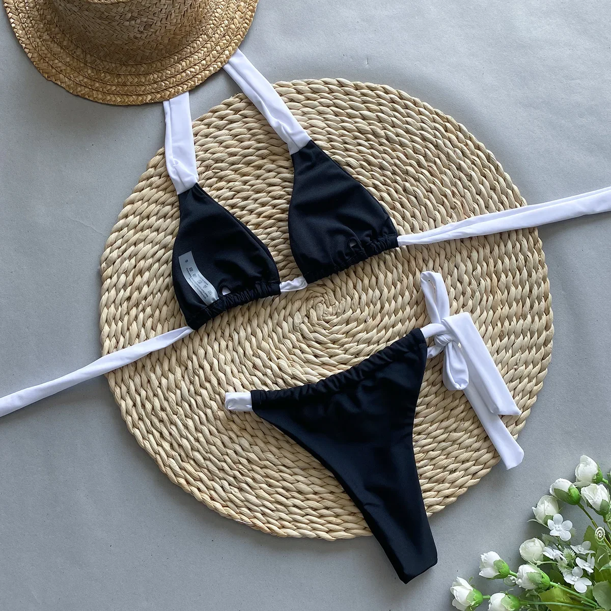 Sexy negro bloque de color blanco micro mini bikinis conjuntos de dos piezas traje de baño ropa de playa mujeres tanga trajes de baño biquini