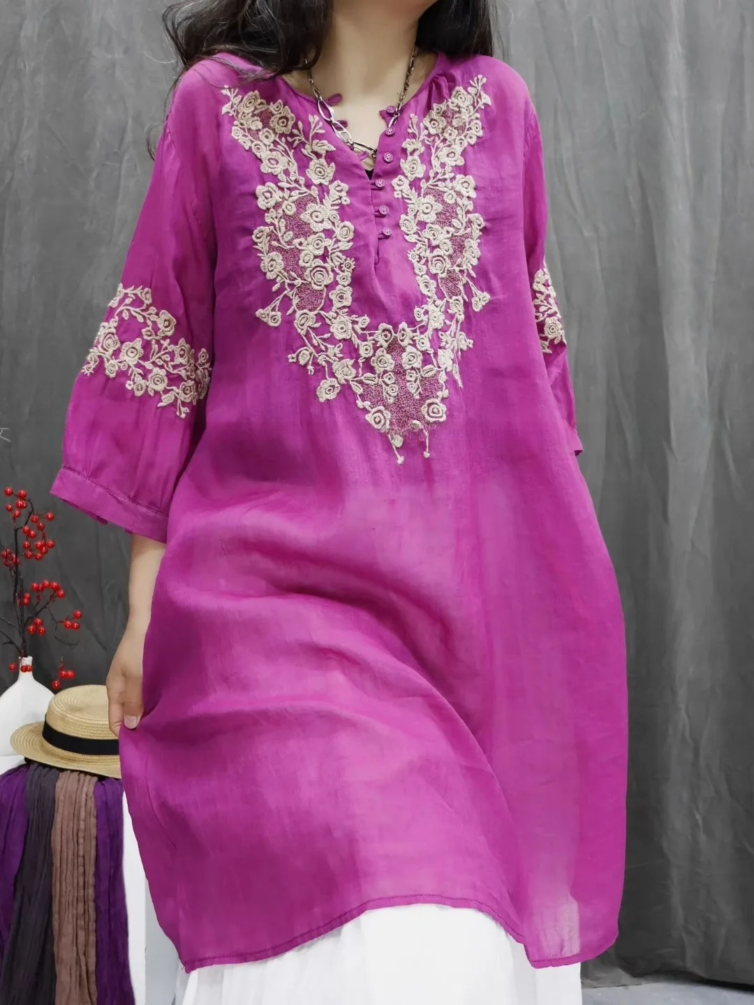 

Retro Cotton Linen Embroidered irt Heavy Work Loose Mid-Length Casual Top for plus Size Women Artistic Versatile Summer Fas...