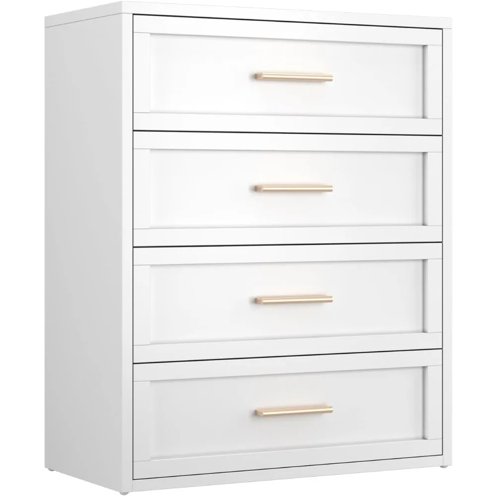 

White 4 Drawer Dresser for Bedroom, Tall Bedroom Dresser with Large Drawer & Golden Handles,Metal Storage Organizer Cabine