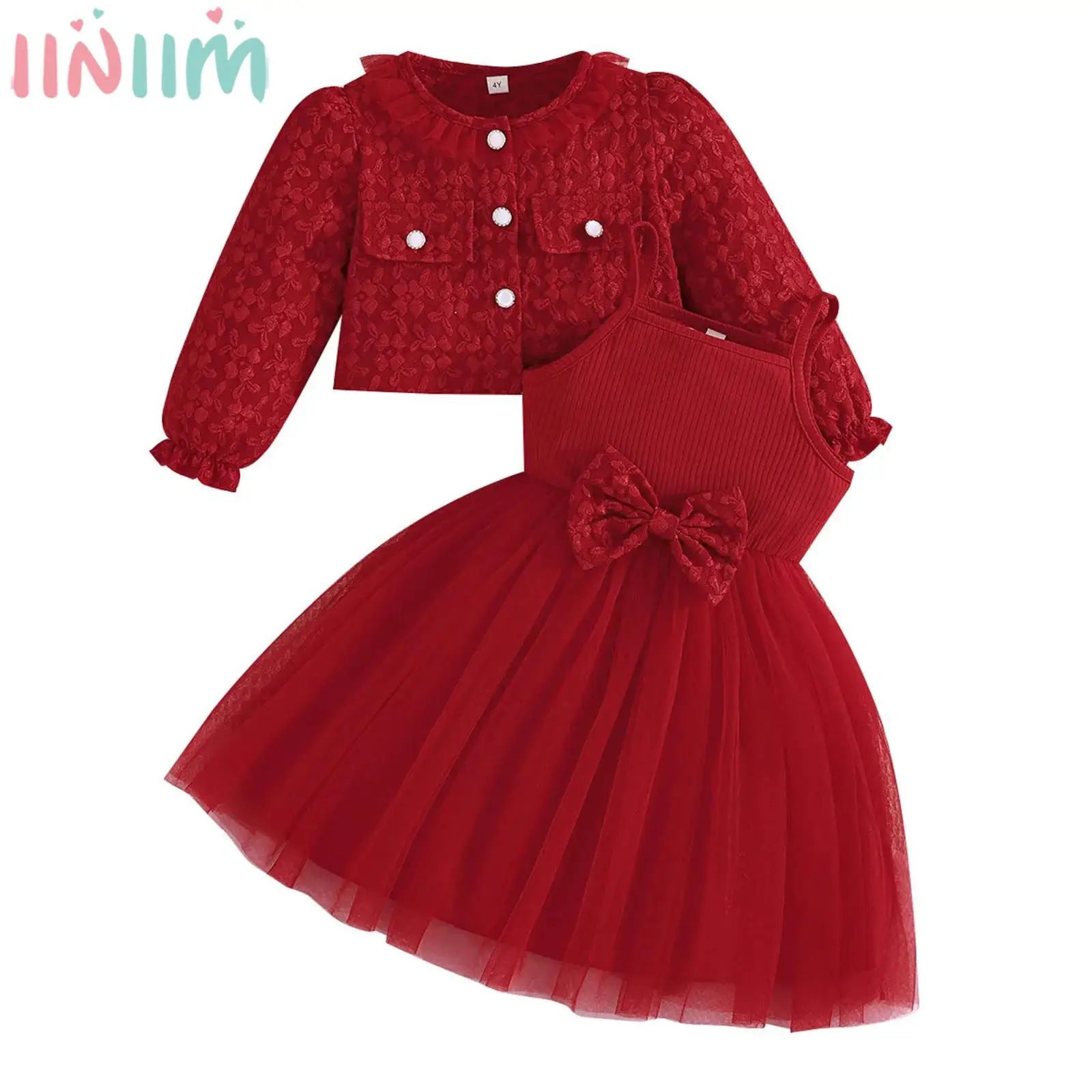 

Kids Girls Long Sleeve Flower Pattern Cardigan Coat with Bow Mesh Tutu Dress Sweet Cute Outfit for Christmas Birthday Wedding