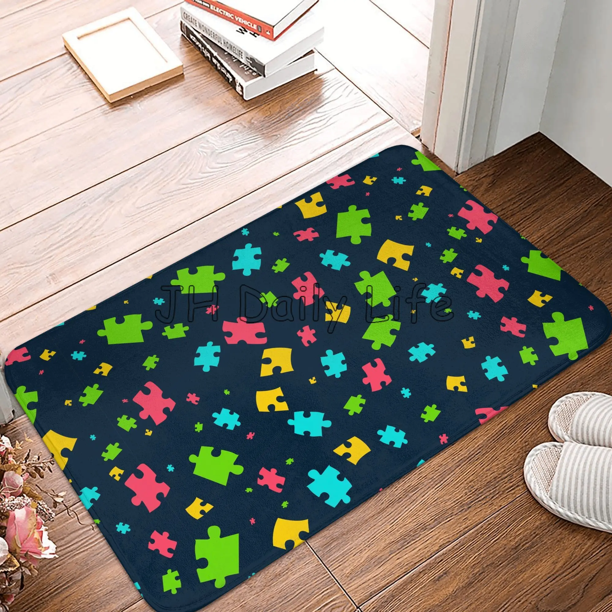 Autism Awareness Puzzle Piece Non Slip Entrance Floor Mat Indoor Doormat Home Carpet Flannel Rug for Bathroom Kitchen Bedroom