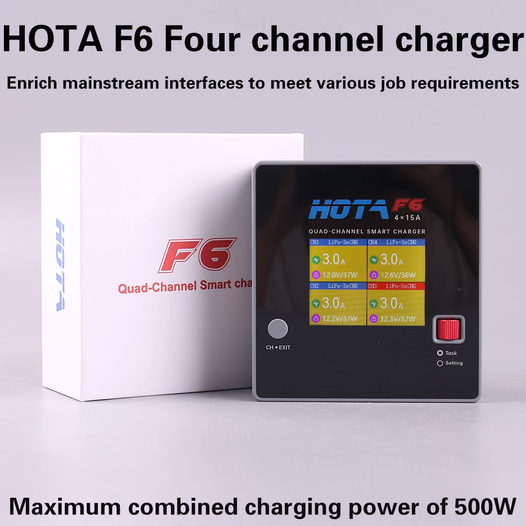 HOTA F6 QUAD-CHANNEL SMART Charger DC1000W 4*15A for Lipo LiIon NiMH Lipo Battery Balance Charger Discharger with USB 45W Type-C