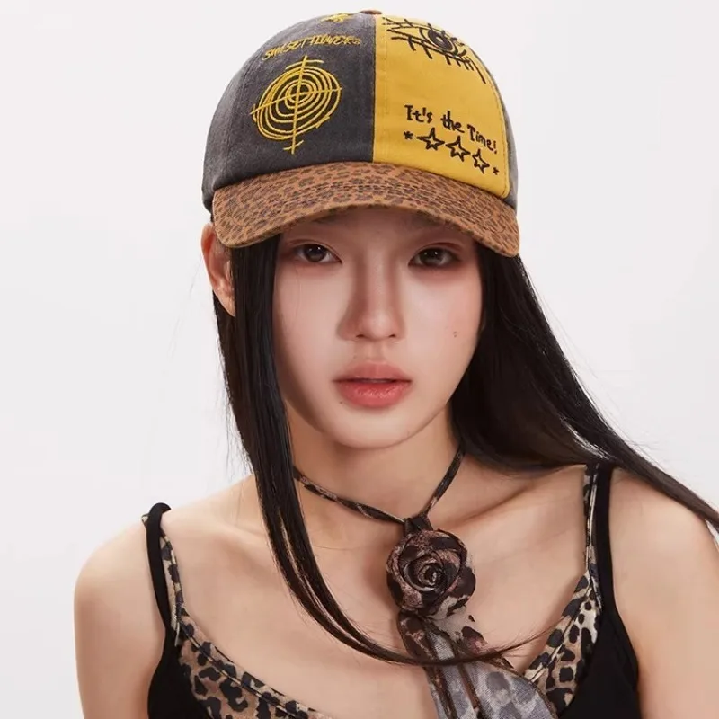 Y2K Leopard Baseball Cap Women Washed Cotton Color Block Snapback Hat Cyber Grunge Streetwear Embroidery Star Sun Hat Gorras