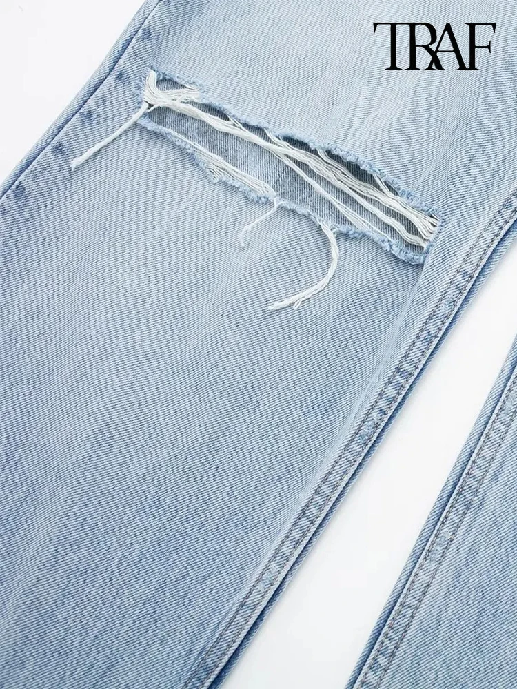 TRAF Damskie jeansy z ozdobnymi przetarciami Niebieskie spodnie Metalowy zamek błyskawiczny Prosta nogawka Casual Streetwear Jeansy z wysokim stanem