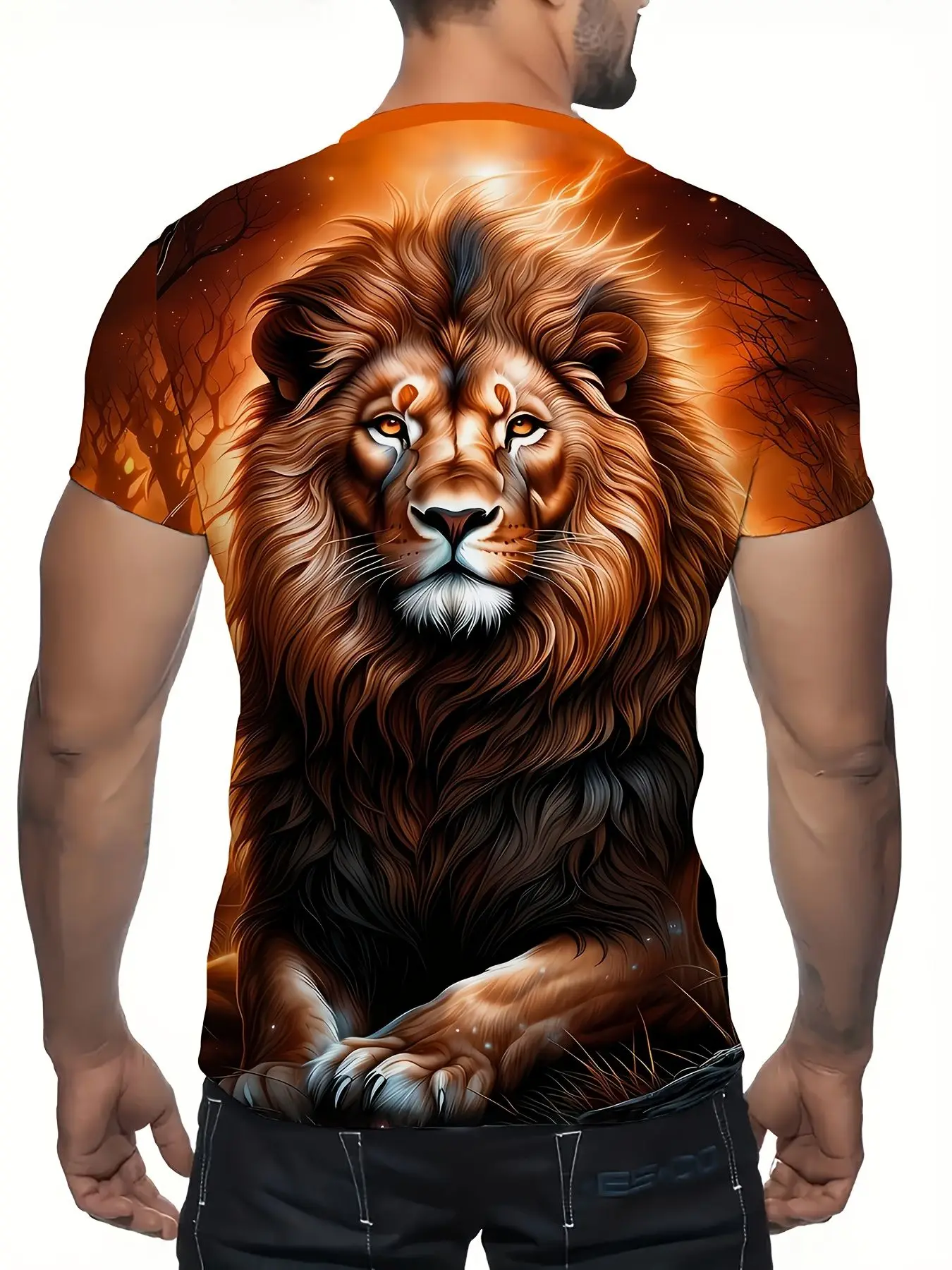 Men's 3D Golden Flame Lion Print T-Shirt Orange Wild Animal King Crew Neck Short Sleeve Casual Top