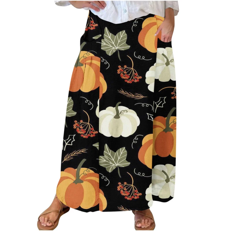 2024 Mode Damen Halloween Kürbis Print lässig Taschen kleid