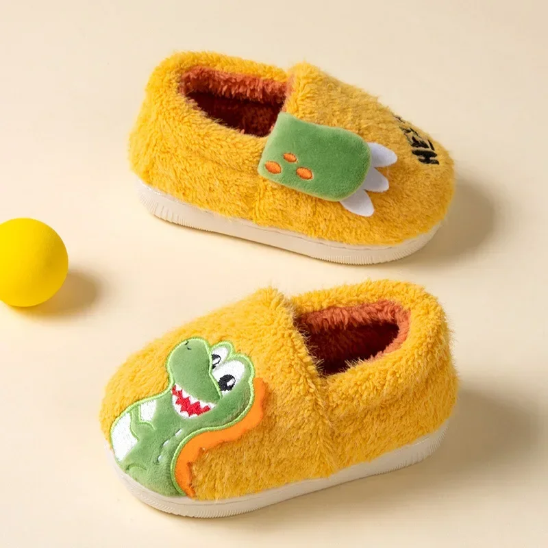 Children\'s Shoes for Boys Cute Dinosaur Winter Girl Slippers Warm Fluffy Kids Causal Home Cotton Slippers Soft Bottom Non-slip