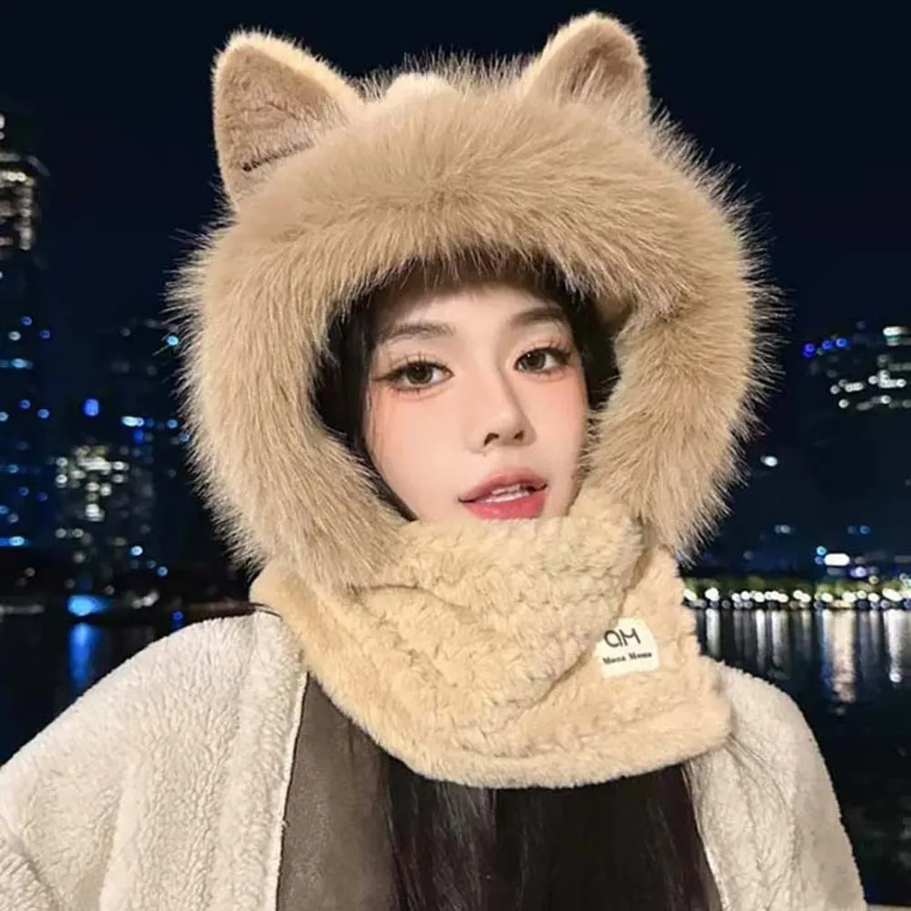 

Cute Cartoon Winter Hat 2 IN 1 Magnetic Buckle Animal Ear Scarf Hat Anti-cold Warmer Ear Protection Cap Daily