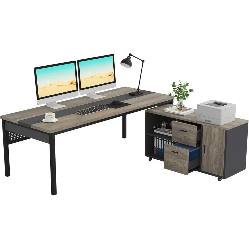 

70.8" Executive Office Desk and 47" Lateral File Cabinet Combo, L-Shaped Computer Desk Business Furniture