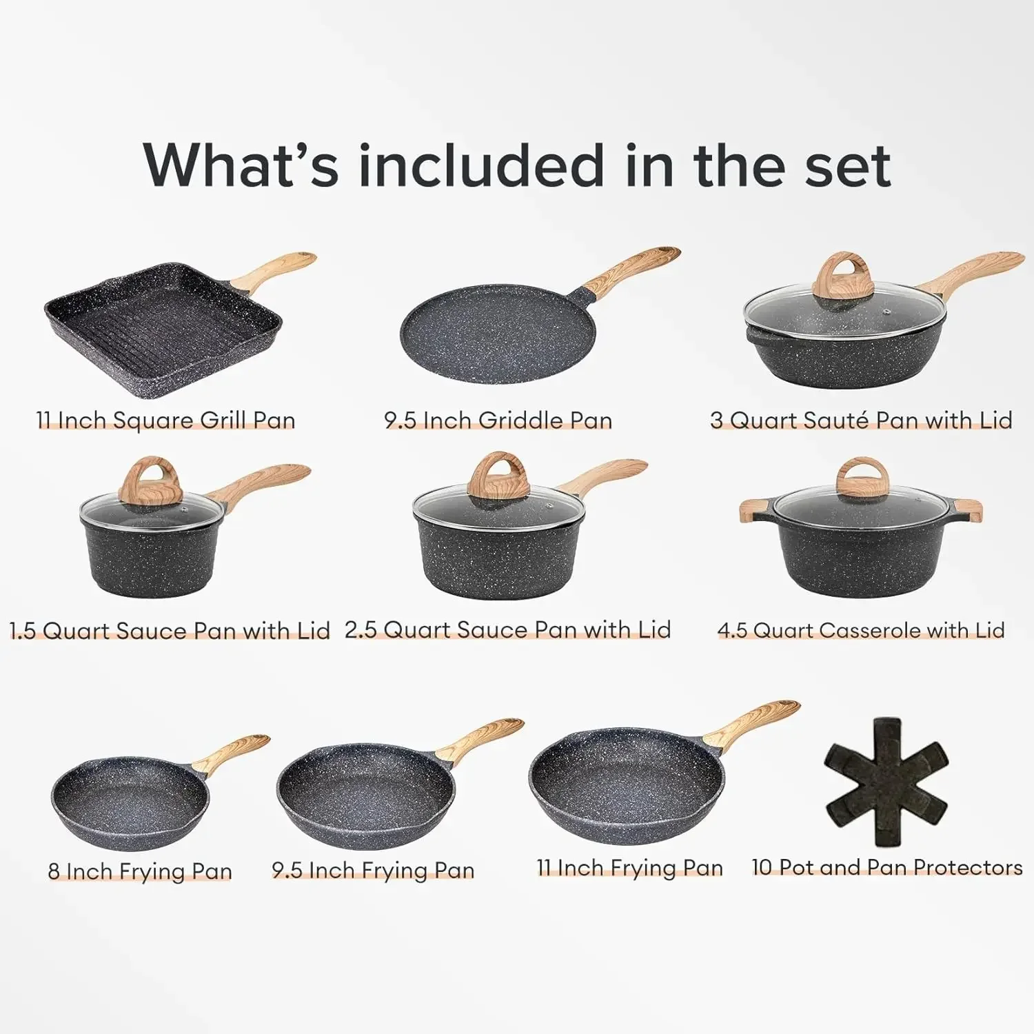 JEETEE Pots and Pans Set Nonstick 23pcs, Healthy Kitchen Cookware Sets, Induction Cooking Set W/Gray Granite Stone Frying Pans,