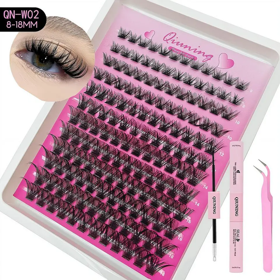 12 filas de grupos de pestañas estilo manga con pegamento y pinzas, mezcla de 8-18mm, kit de extensiones de pestañas segmentadas DIY, pestañas finas y puntiagudas 3