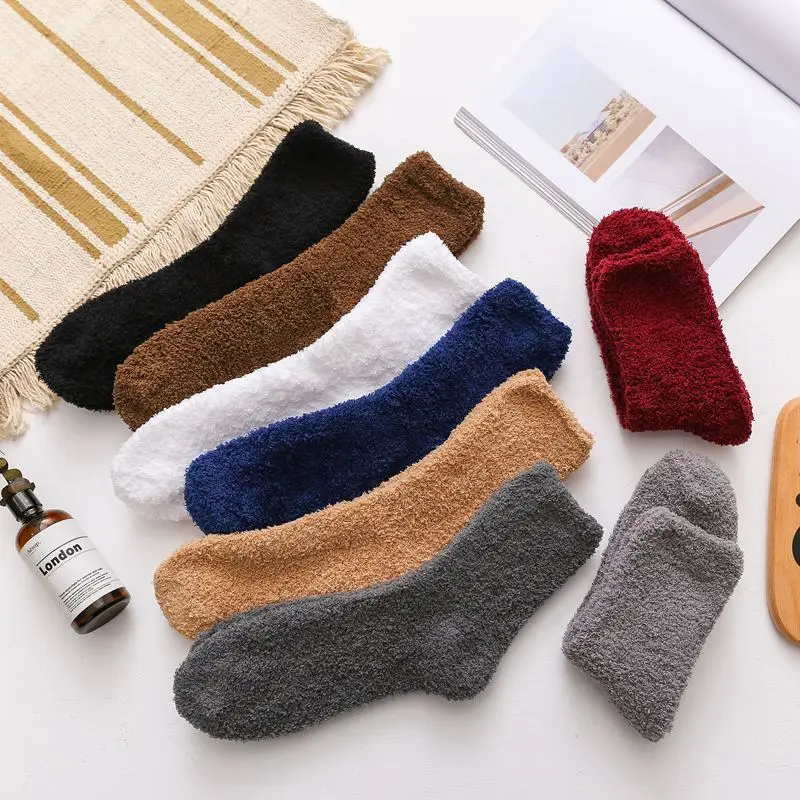 Men Winter Warm Fuzzy Socks Male Home Floor Sleeping Socks Solid Colors Fleece Soft Coral Velvet Thermal Fluffy Socks Men\'s Gift