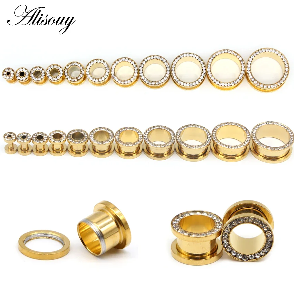1pair Crystal Gold Color Screw Fit Ear Plugs Gauged Body Jewelry Stretching Kit Piercing Flesh Tunnel Ear Expander Bar 3~20mm