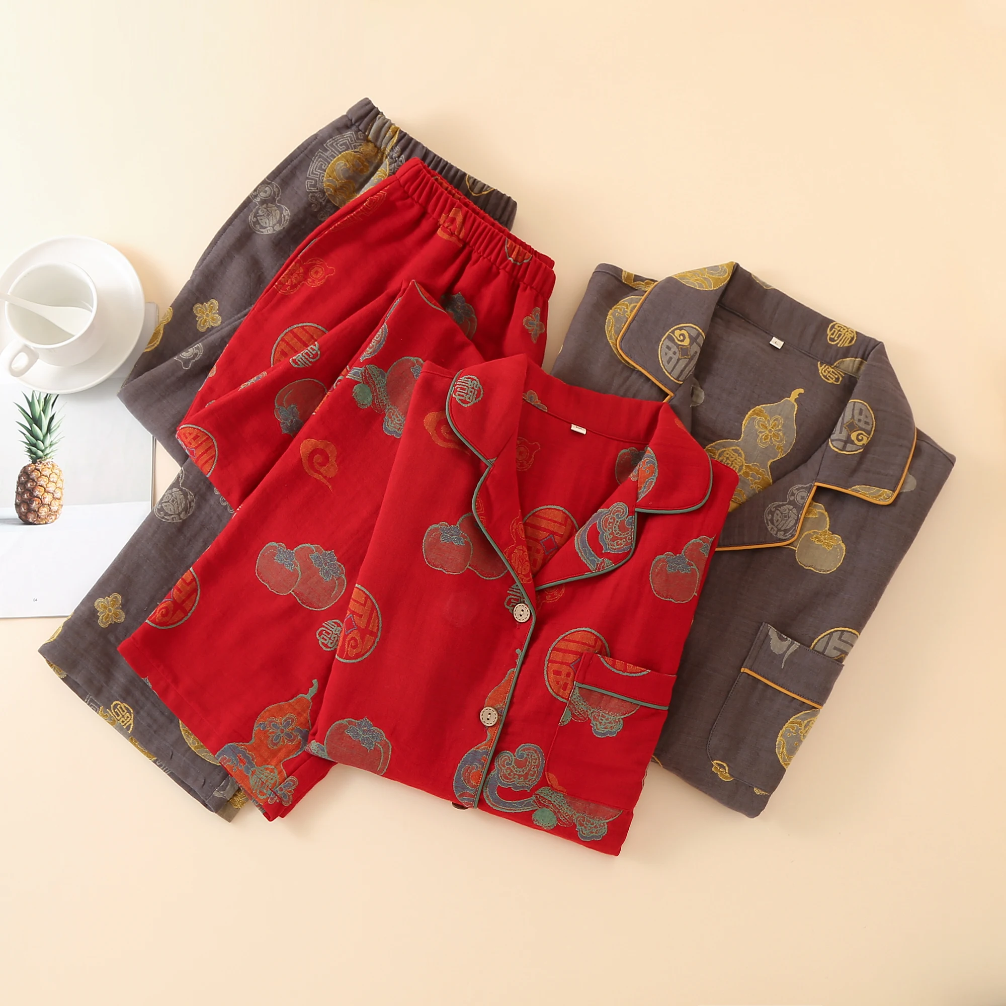 유니섹스 중국 스타일 자카드 파자마 세트 100% 면 거즈 동양식 라운지웨어 호화로운 호박 무늬 탕복 스타일 남성용