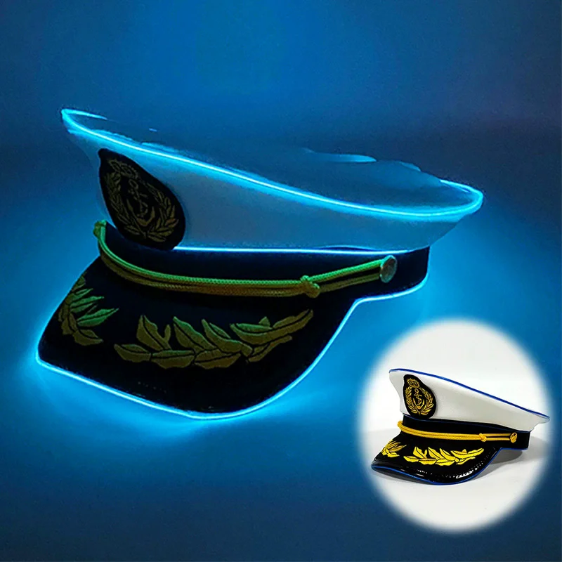 Nuevas gorras blancas luminosas de capitán marinero yate, bordado de trigo, LED brillante, sombrero marino azul marino, sombreros para disfraz de Halloween para hombres y mujeres