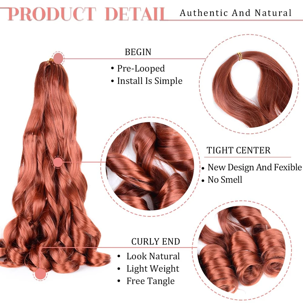 Trenzas de rizo en espiral de onda suelta, cabello sintético, extensiones de cabello trenzado francés, 24 pulgadas, preestirado, cabello trenzado hinchable