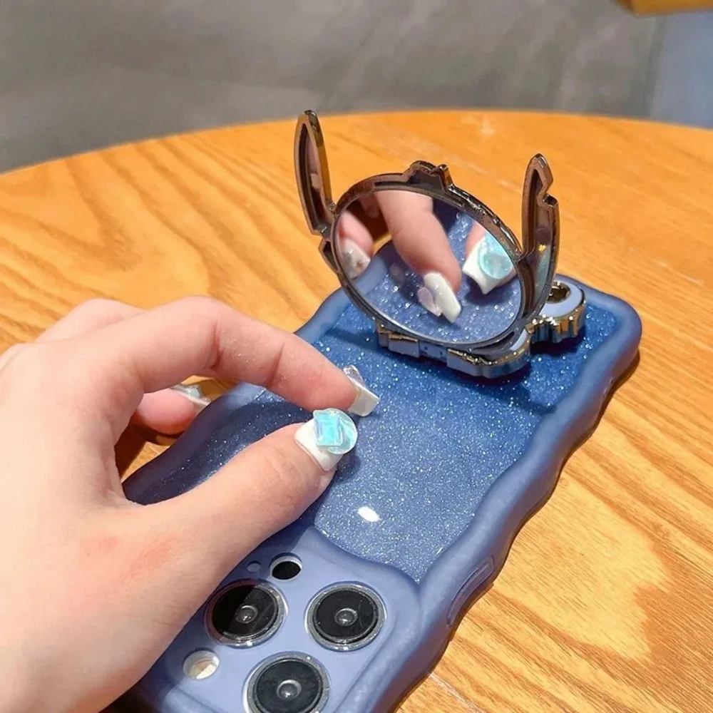 かわいいアニメステッチ電話ホルダーミラー付きリロステッチ電話バックステッカーポータブルユニバーサルブラケット装飾品女の子