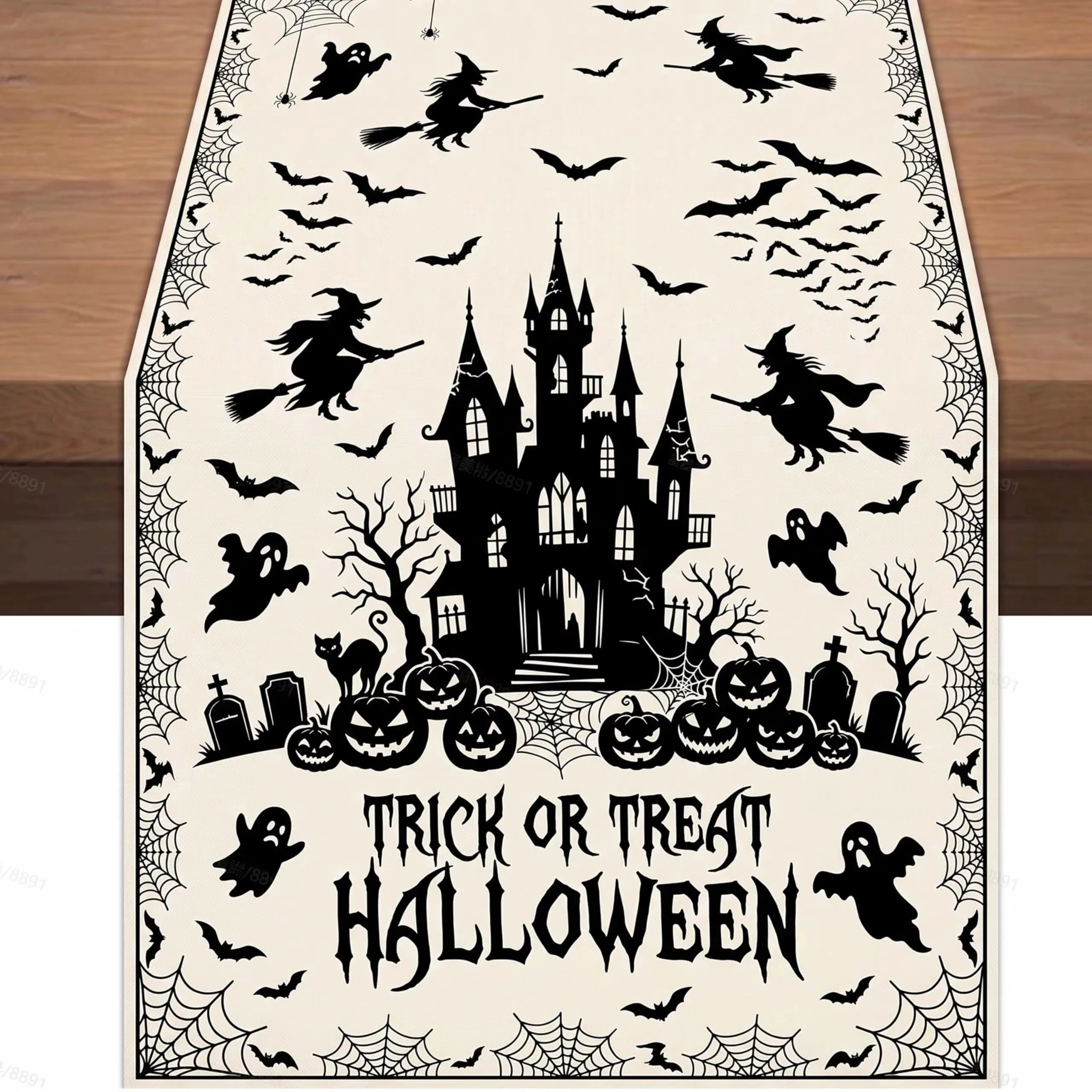 Vintage Halloween Table Runner Trick or Treat Witch Ghost Castle Pumpkin Spider Web Retro Beige Table Scarf Autumn Fall Dining