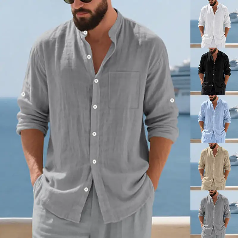 

Loose Linen Long Sleeve Shirt Men's Casual Holiday Wear Breathable Button up Stand Collar Comfortable Autumn Fashion Male Top