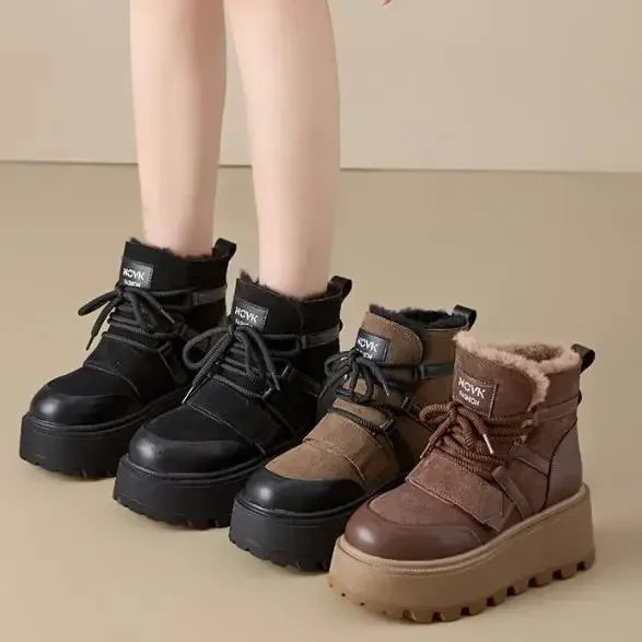 8CM Winter Street Tide Snow Boots 2025 Women Fashion Suede Leather Shoes Leisure Platform Basic Boot Female Add Warm Plush Botas