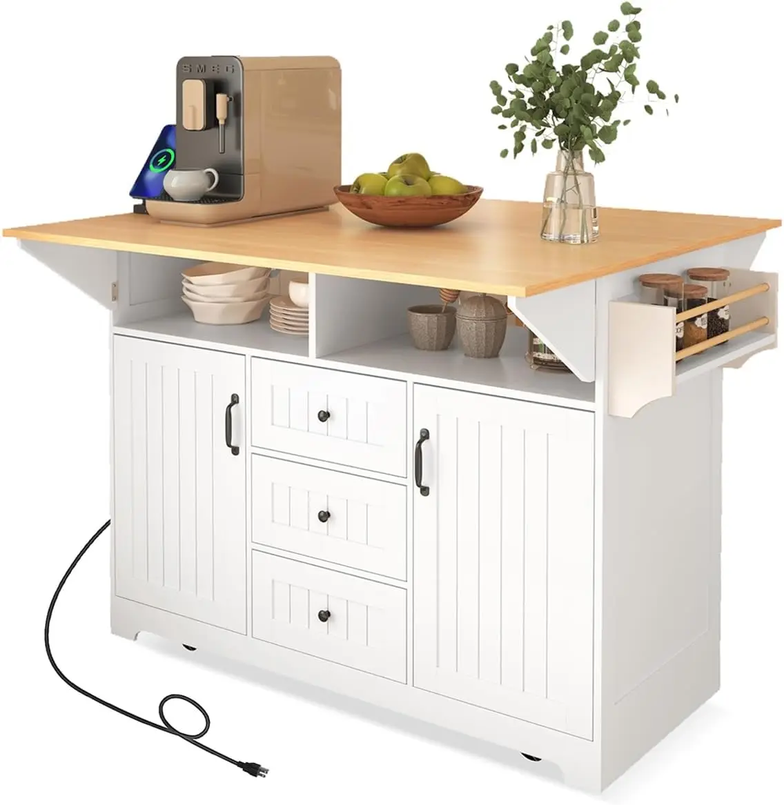 Kitchen Island with 2 Drop Leaf, Kitchen Cart on Wheels with Power Outlet, Mobile Kitchen Storage Cart, Folding Storage