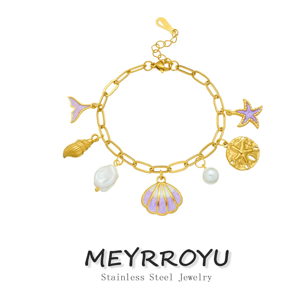 MEYRROYU 316 Stainless Steel Purple Oil Drip Shell Fishtail Starfish Pearl Pendant Bracelet Lady New Classic Wrist Chain Jewelry