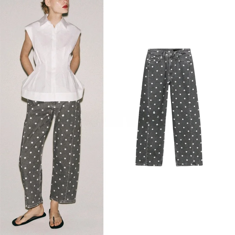 

Spring Summer New Women's Loose Fit Nine-Tenths Metal Button Zipper Polka Dot Mid-Waist Jeans Casual Style Polyester Fiber