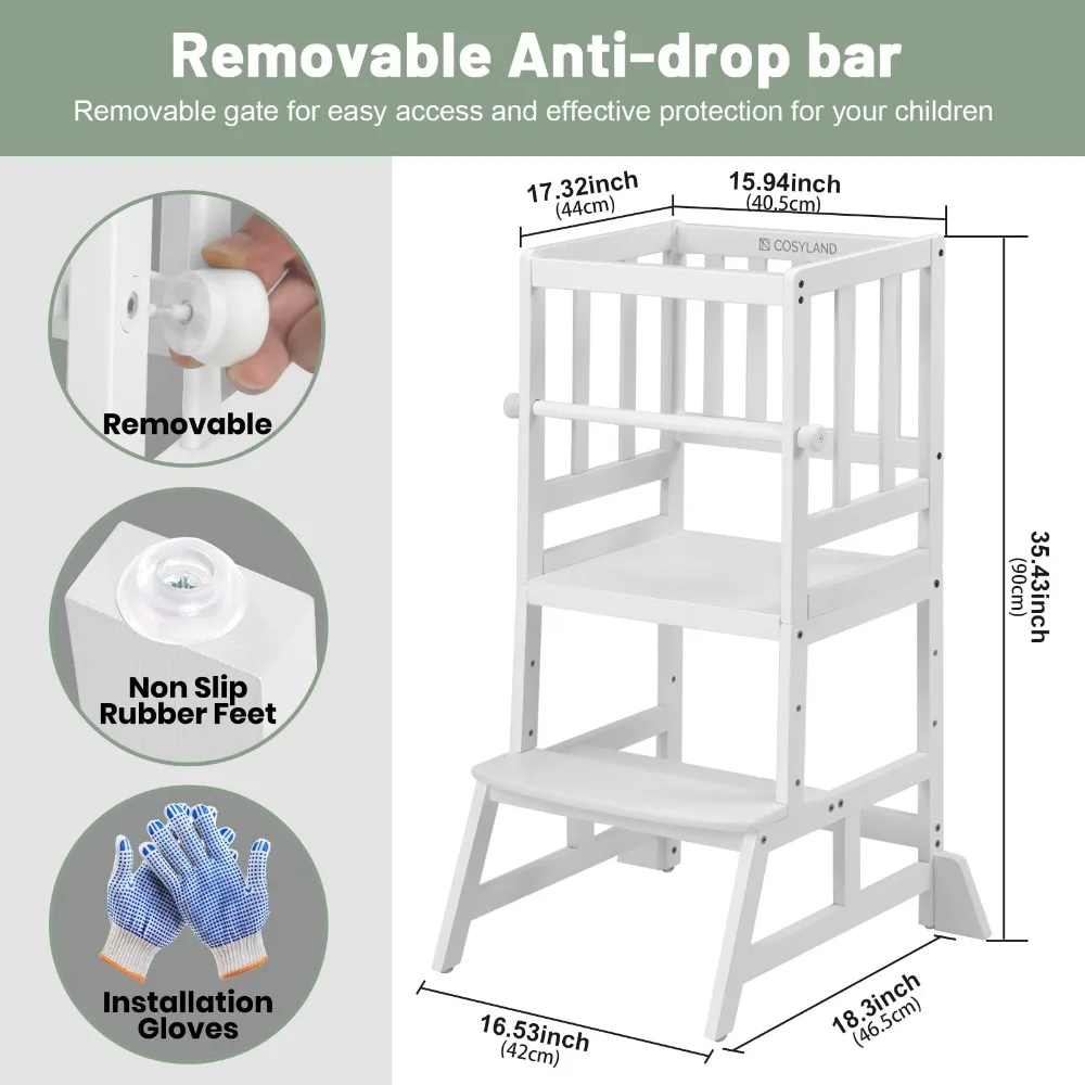 Children's Kitchen Step Stool, Height Adjustable Toddler Standing Tower, Certified CPC and FSC, Detachable Safety Railing